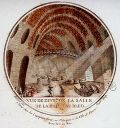 Zicht op het interieur van de nieuwe markthal gebouwd door Le Camus de Mézières tussen 1763 en 1766, tegenwoordig de beurs in Parijs. In pittoreske uitzichten van de belangrijkste gebouwen van Parijs door Sergeant