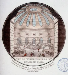 Zicht op het interieur van de nieuwe markthal gebouwd door Le Camus de Mézières tussen 1763 en 1766, tegenwoordig de beurs in Parijs. In schilderachtige uitzichten van de belangrijkste gebouwen van Parijs door Sergeant