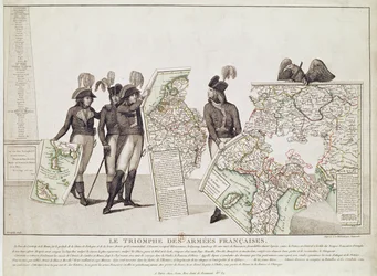 De Triomf van de Franse Legers, Napoleon en zijn Generaals met Kaarten van hun Overwinningen ten tijde van de Vrede van Loeben, 18 april 1797