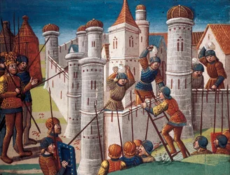 Belegering van een stad, miniatuur uit het manuscript "De roman van Ogier de Deen"