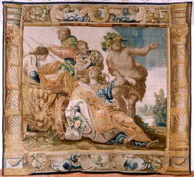 Vlaamse wandtapijt. Serie Verhaal van Theseus. Bacchus neemt Ariadne als zijn vrouw. Negende tapijt in de serie. Ca 1630.