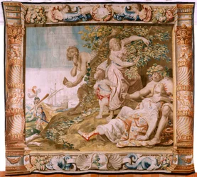 Vlaamse wandtapijt. Serie Verhaal van Theseus. Theseus verlaat Ariadne op het eiland Naxos. Achtste tapijt in de serie. Ca 1630.