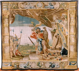 Verhaal van Theseus. Theseus presenteert het hoofd van de Minotaurus aan de koning en koningin van Kreta. Zevende wandtapijt in de serie.
