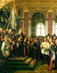 De proclamatie van Wilhelm als keizer van het nieuwe Duitse Rijk, in de Spiegelzaal van Versailles op 18 januari 1871, geschilderd in 1885
