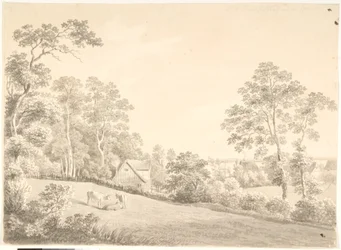 Landschap met huis en koeien bij de Elbe