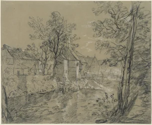 Huizen aan de rivier (huizen aan de Weißeritz in het Plauense dal bij Dresden)