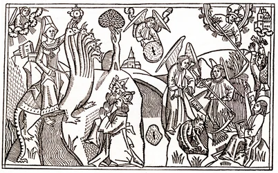 De grote hoer van Babylon rijdend op het zevenkoppige beest en de engelen die tarwe snijden terwijl ze de duivel gevangen houden