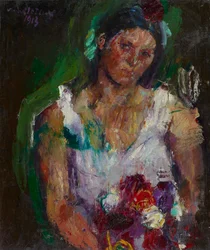 De vrouw van de kunstenaar met bloemen