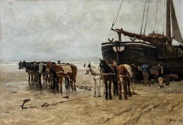 Dutch: Bomschuit met sleeppaarden op het strand van Scheveningen Fishing Boat with Tow Horses on Scheveningen Beach