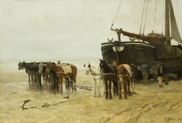 Dutch: Bomschuit met sleeppaarden op het strand van Scheveningen Fishing Boat with Tow Horses on Scheveningen Beach