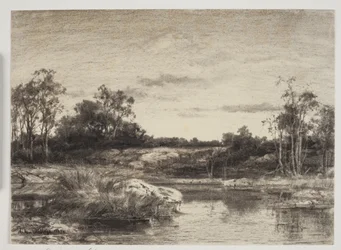 Landschap met een rivier of meer op de voorgrond