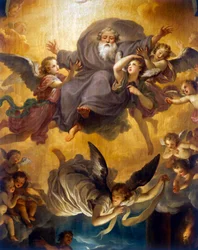 Aanbidding van de herders met God de Vader in een glorie van engelen