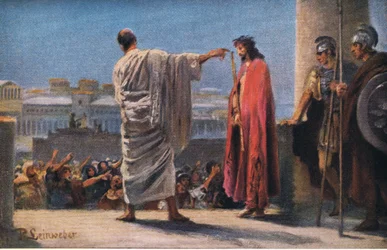 Jezus voor Pilatus, uit Hulberts Verhaal van de Bijbel uitgegeven door The John Winston Company, 1932