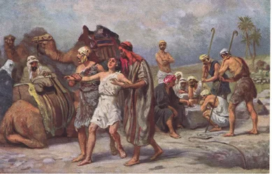 Jozef verkocht door zijn broers, uit Hulberts Story of the Bible, uitgegeven door The John Winston Company, 1932