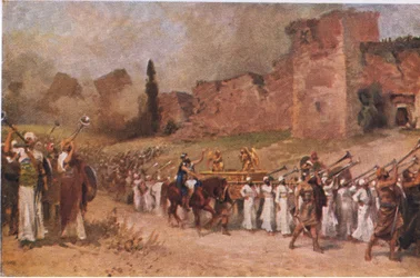 De muur van Jericho valt neer, uit Hulbert