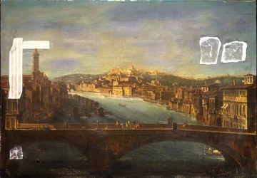Uitzicht op Verona met de kerk van S. Anastasia, het Castel San Pietro, het Castel San Felice en de Ponte Nuovo over de rivier de Adige, 1735