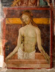Pieta De aureool van Jezus Christus is gemarkeerd met een kruis. Detail van een fresco door Antonio Aquili detto Antoniazzo Romano (actief rond 1461-1508) 15e eeuw Klooster van Sint Benoit (Sacro Speco), Subiaco (Rome), Italië