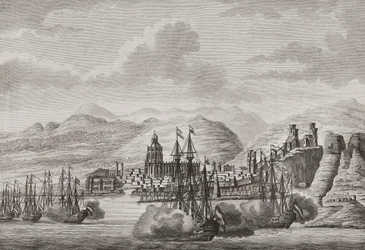 Nederlandse vloot bij Malaga, Spanje 1784 die saluut afvuurt. (prent)