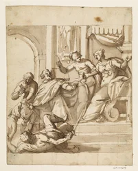 Allegorische compositie met Justitia die een troonende koningin weerhoudt van tussenkomst met haar zwaard in een gevecht tussen twee mannen voor de troon, terwijl een derde met een sleutel een hond voedt
