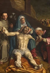 Noord Transept, Altaar van de Afzetting, Afzetting van Christus ondersteund door de Maagd en Heiligen Raymond en Antonius van Padua, Antonio Campi 1566, Altaarstuk