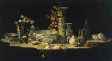 Voorbereidend schilderij voor een hardstenen tafelblad met porseleinen vazen, ca. 1875