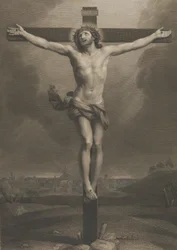Christus aan het kruis, een stad op de achtergrond, naar Reni