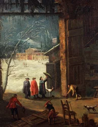 De winter, de aankomst van een edelman bij de villa (detail)