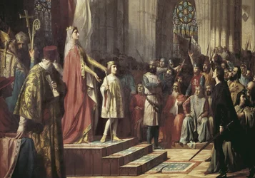 Maria de Molina presenteert haar zoon aan de Cortes van Valladolid. 1863