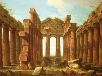 Figuren bewonderen de Tempel van Neptunus in Paestum