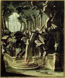 Simson vernietigt de tempel van Dagan, god van de Filistijnen