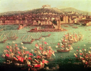 De vloot van koning Karel III van Spanje voor de stad Napels, 6 oktober 1759