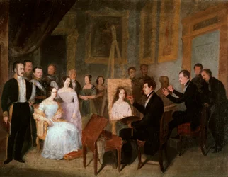 Dodge in haar atelier schildert het portret van koningin Isabella II van Spanje (1830-1904). Schilderij door Antonio Maria ESQUIVEL Y SUAREZ DE URBINA (1806-1857)