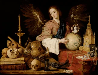 "Allegorie van de ijdelheid" ("Allegorie van de ijdelheid"). Detail van vanitassymbolen en een gedoofde kaars - schilderij van Antonio de Pereda y Salgado (1611-1678), 1634, afmetingen 139,5 x 174 cm, Wenen, Kunsthistorisches Museum