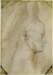 Hoofd van een jonge vrouw, in profiel naar rechts. Tekening uit het atelier van Antonio di Puccio Pisano, genaamd Pisanello