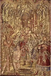 St. Johannes de Doper kondigt de missie van Christus aan de farizeeën aan, wandtapijt met scènes uit het leven van de heilige