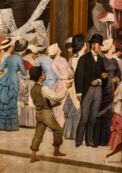 Het Tijdperk, detail van vrouwen die naar een etalage kijken en een jongen