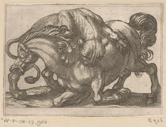 Een leeuwin een paard aanvallend