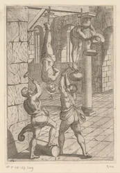 Foltering met hamers terwijl hangend (Martelingen ondergaan door christelijke martelaars, Varia tormentorum et suppliciorum crudelium)