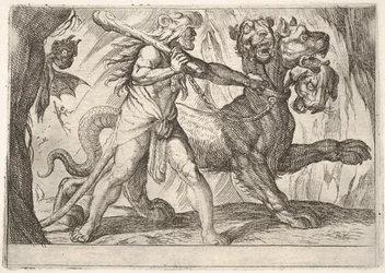 Hercules en Cerberus: Hercules grijpt de halsband van Cerberus vast, twee demonen verschijnen links ..., 1608