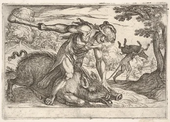 Hercules en het zwijn van Erymanthus: Hercules houdt de snuit van het zwijn met zijn linkerhand omlaag ..., 1608