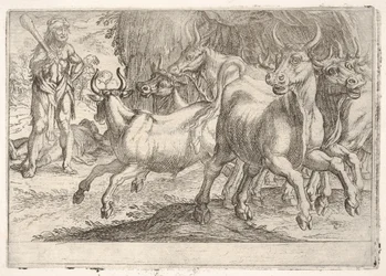 Hercules en de ossen van Geryones: met een opgeheven knuppel in zijn rechterhand, Hercules geconfronteerd