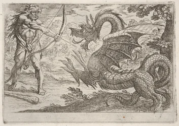 Hercules en de slang Ladon: Hercules spant zijn boog, de oprijzende slang verschijnt in profiel, 1608