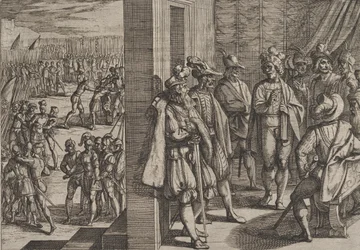 Plaat 18: Geheime bijeenkomst van Civilis met andere leiders uit Trier, uit De Oorlog van de Romeinen, 1611