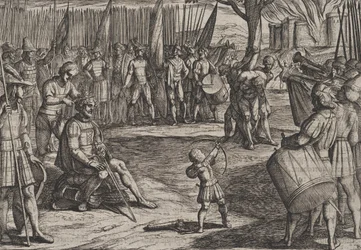 Blad 20: Civilis laat zijn haar knippen, uit De oorlog van de Romeinen tegen de Bataven, 1611