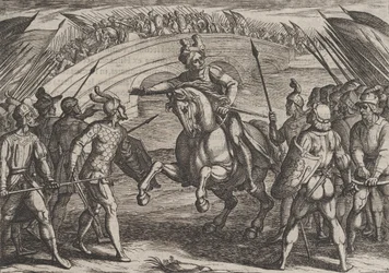 Plaat 22: Civilis scheidt Duitse en Nederlandse troepen, uit De oorlog van de Romeinen tegen de..., 1611