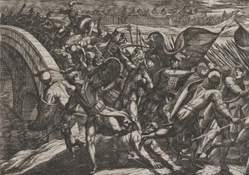 De Nederlanders tijdens een verrassingsaanval op het Romeinse kamp aan de Moezel, uit De Wa..., 1611