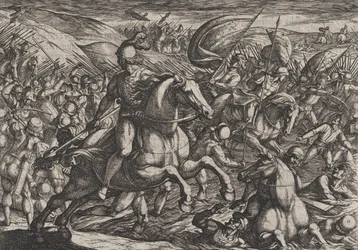 Plaat 30: Cerialis drijft de Nederlanders de Rijn in, uit De oorlog van de Romeinen tegen de..., 1611