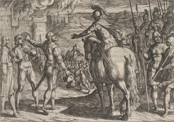 De Romeinen verbranden het Nederlandse platteland, uit De oorlog van de Romeinen tegen de..., 1611