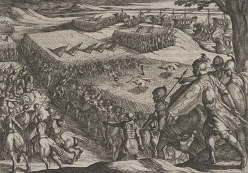 Plaat 6: Romeinen verslagen bij de Rijn, uit De oorlog van de Romeinen tegen de Bataven