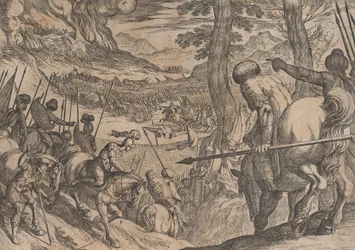 Plate 8: Alexander omsingelt de vijandelijke troepen met vuur, uit De Daden van Alexander de...
